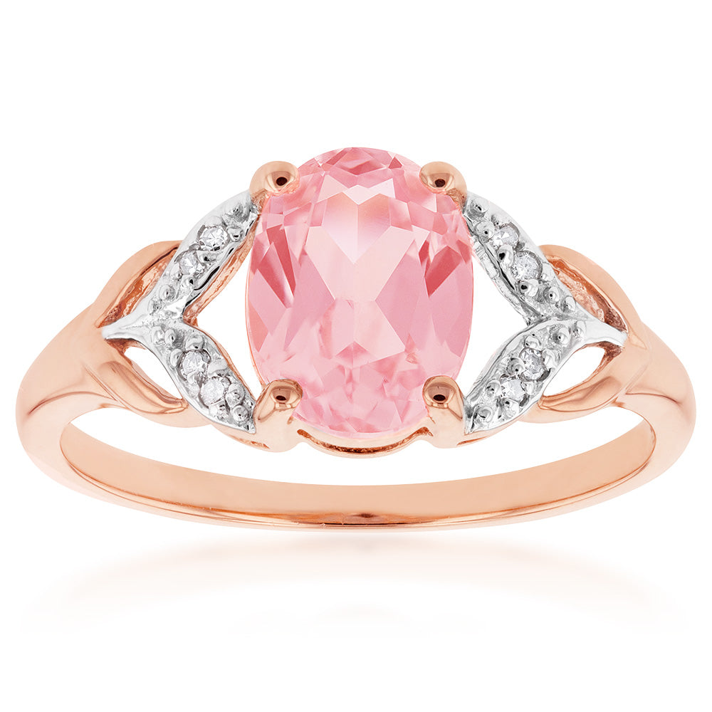 9ct Rose Gold Ring with Lab - Grown Peach Sapphire and Diamonds