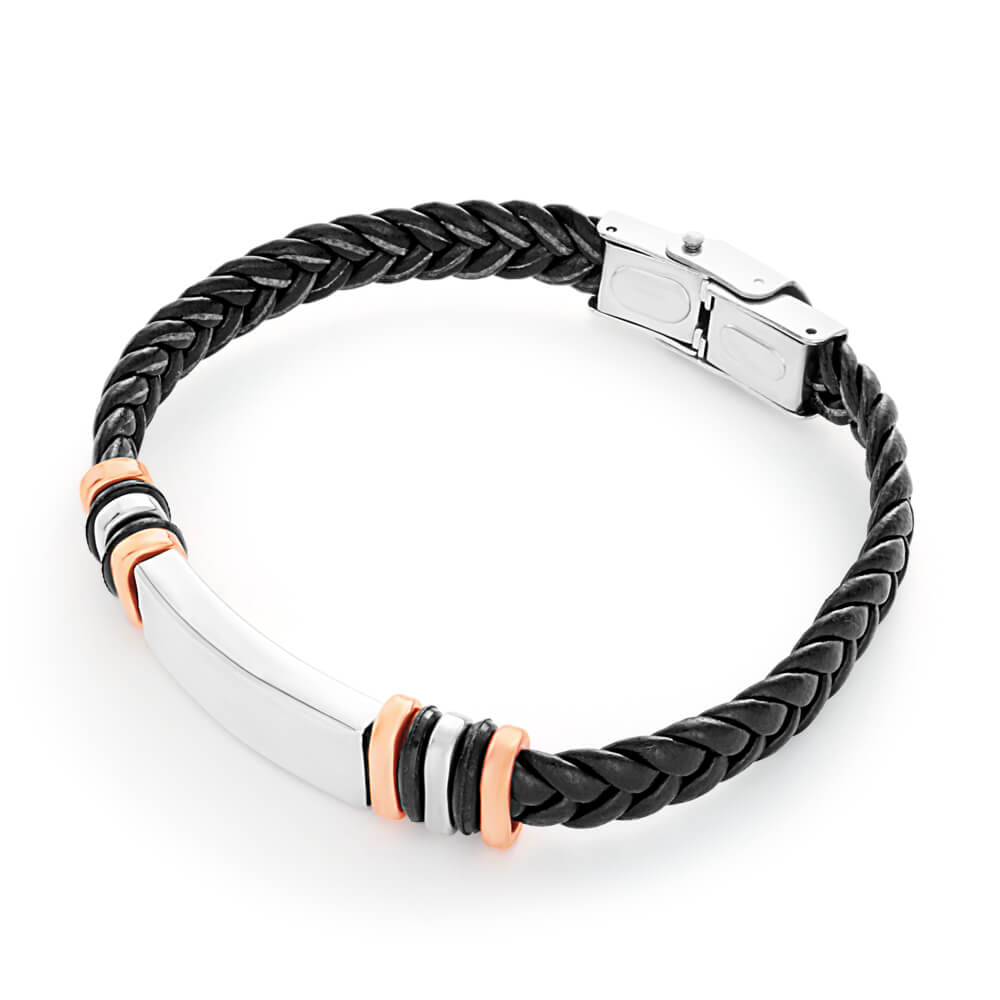 19.5cm Elegant Forte Bracelet in Stainless Steel and Plated Rose Gold with Black Leather