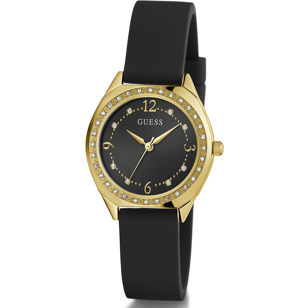Guess Charlotte GW0820L1 Luxury Gold-Tone PVD Quartz Watch with Crystal-Embellished Bezel and Black Leather Strap