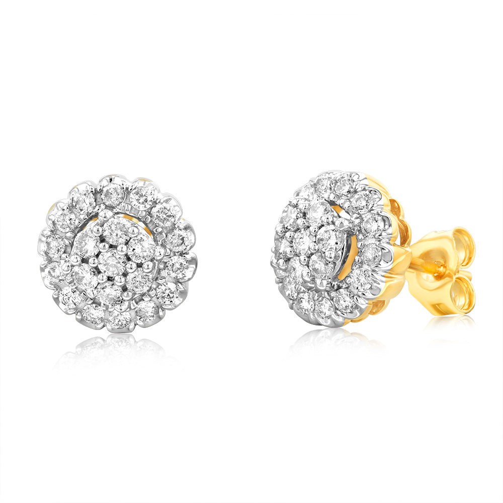 Gorgeous 3/4 Carat Diamond Cluster Stud Earrings Crafted in 10ct Yellow Gold