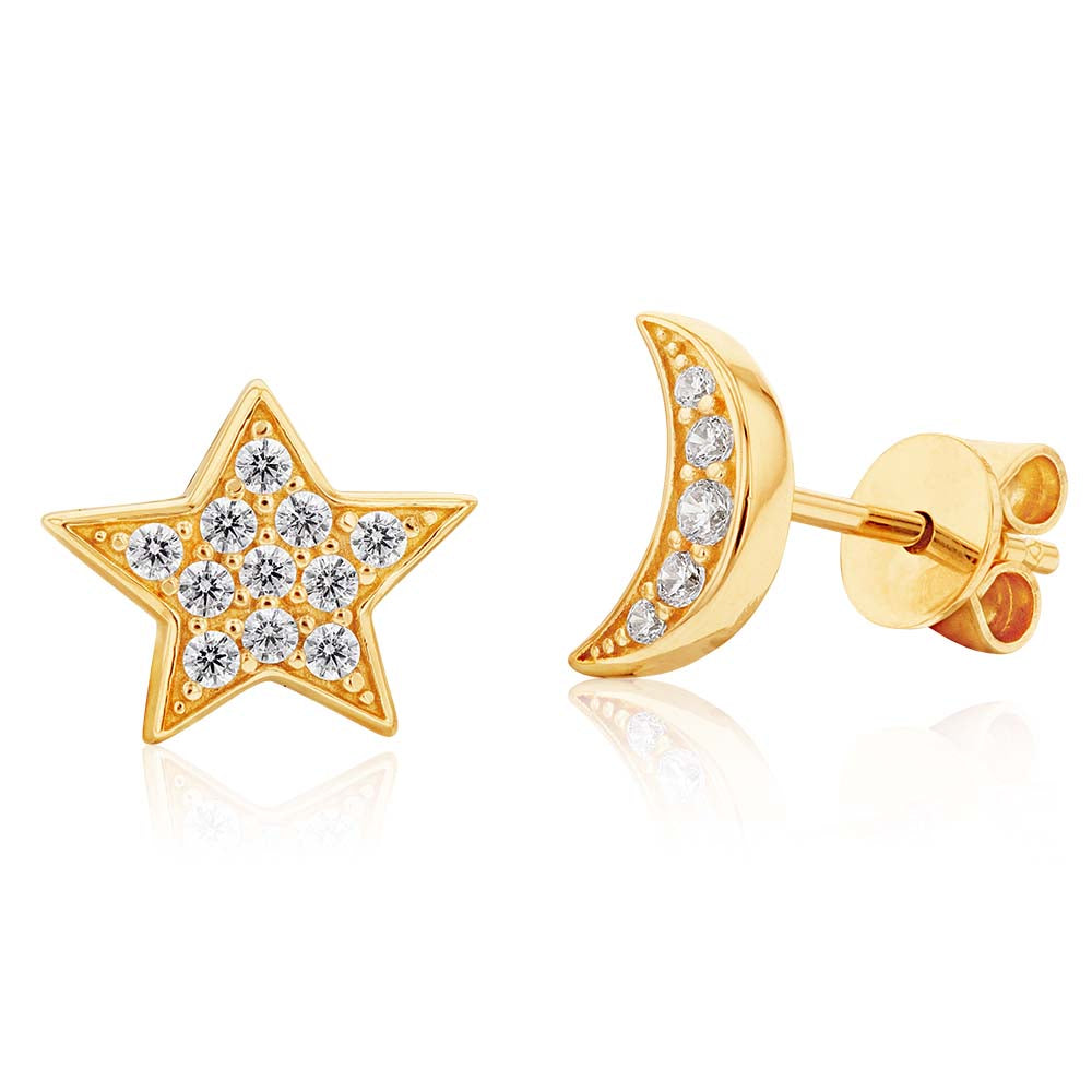9ct Yellow Gold Fashionable Zirconia Embellished Moon and Star Stud Earrings