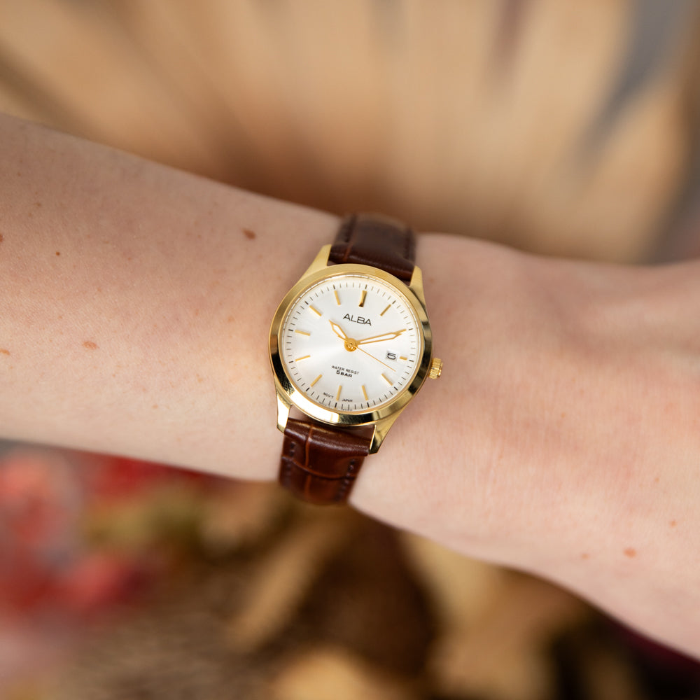 Alba Prestige AH7CG4X Stainless Steel Classic Gold-Tone Leather Strap Men's/Women's Watch