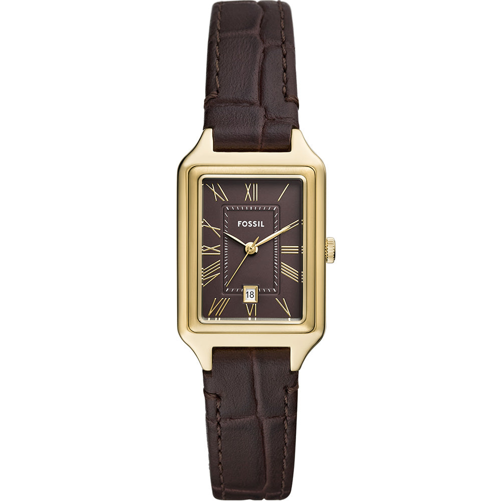 Fossil Raquel ES5367 Gold Rectangular Watch with Brown Leather Strap