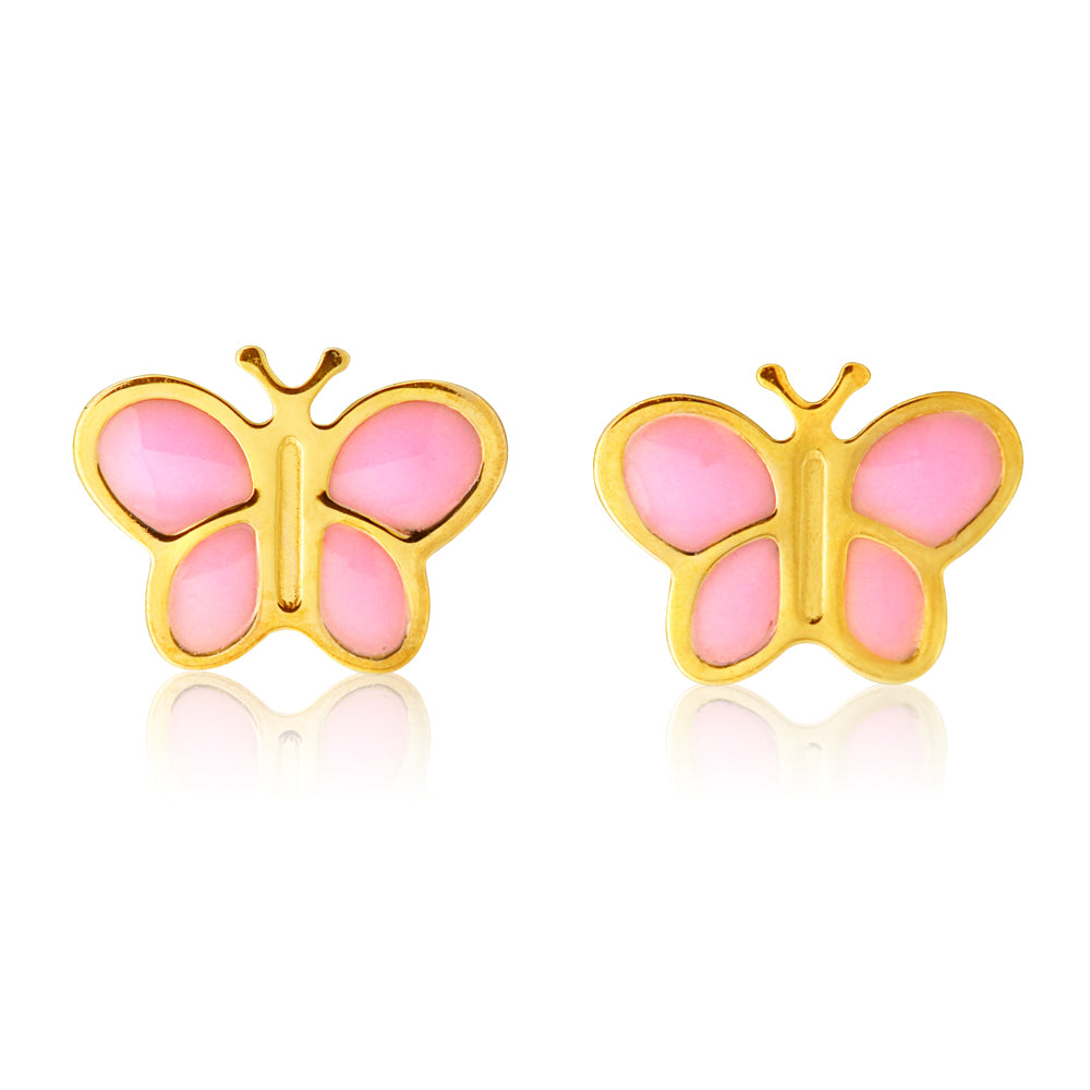9 Carat Yellow Gold Stud Earrings Featuring Pink Enamel Butterfly Design - Ideal Jewelry for Girls