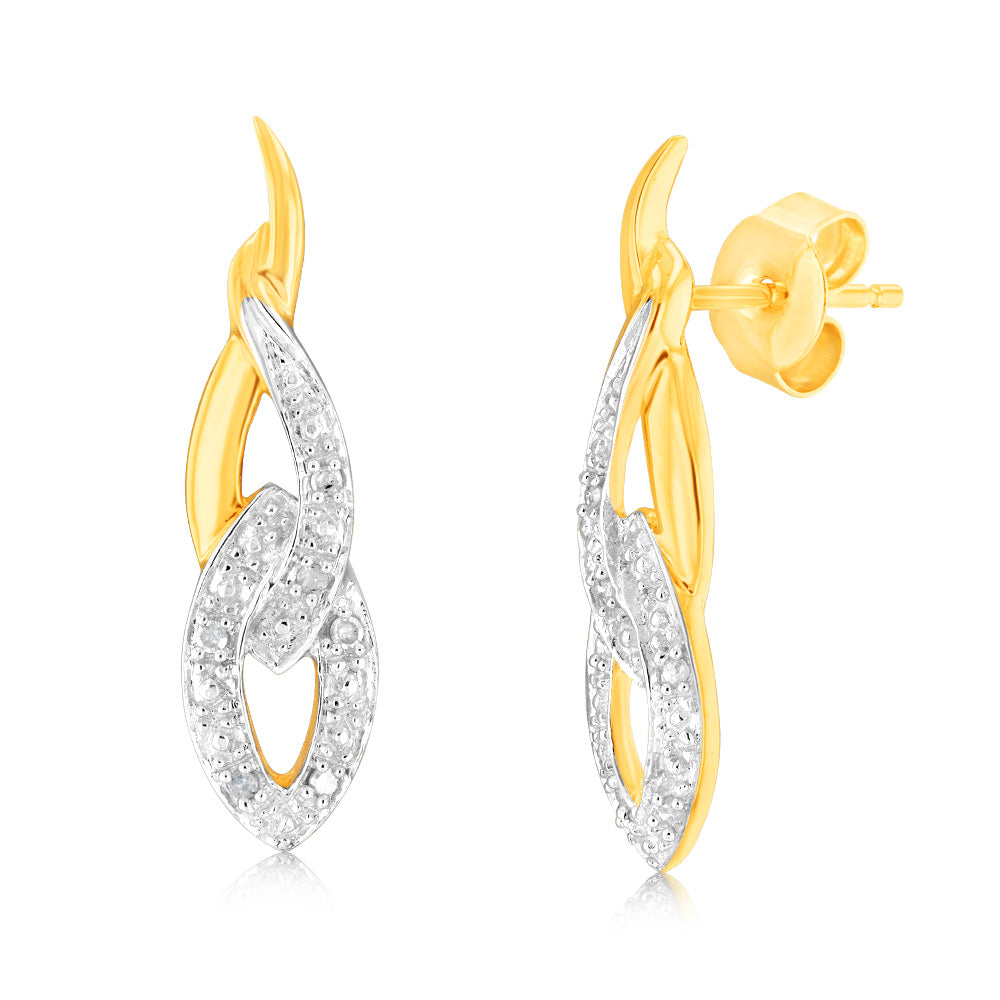 Stunning 9ct Yellow Gold Fashion Twisted Drop Earrings Adorned with 12 Diamonds