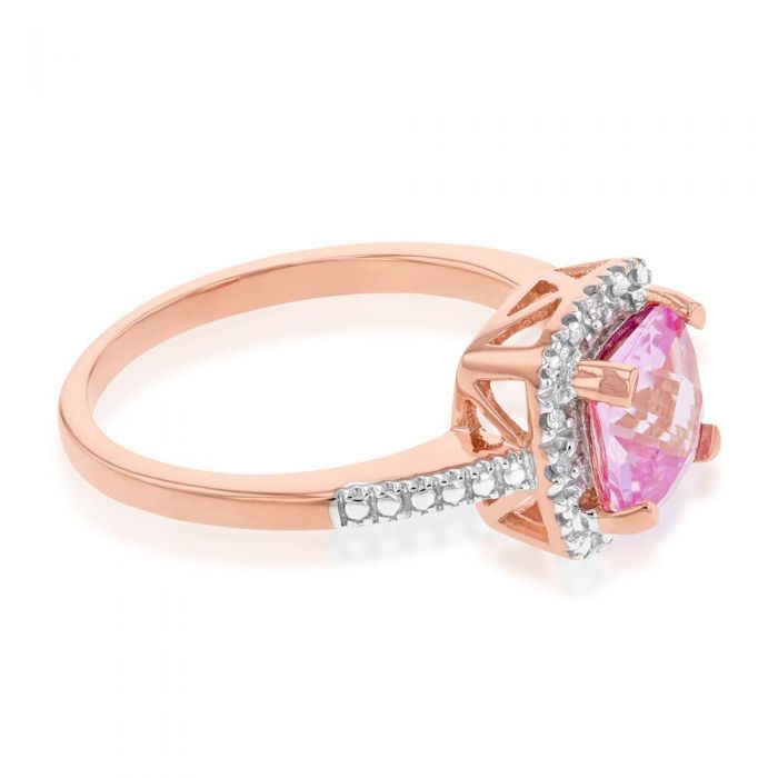 Stunning 9 Carat Rose Gold Ring with Lab-Created Peach Sapphire and Diamond Accents in Cushion Cut Design