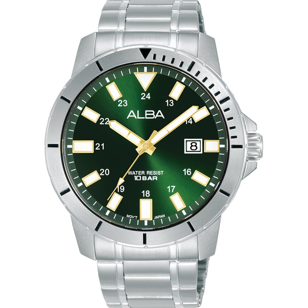 Alba Active AS9R95X: 43mm Stainless Steel Watch with Green Dial and 100M Water Resistance