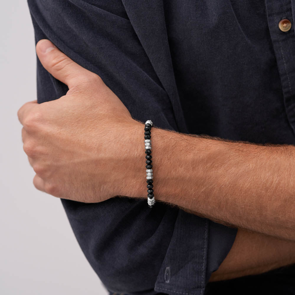 Fossil Branded Stainless Steel Fashion Jewelry Black Agate Beaded Bracelet with a Length of 19+2.5cm