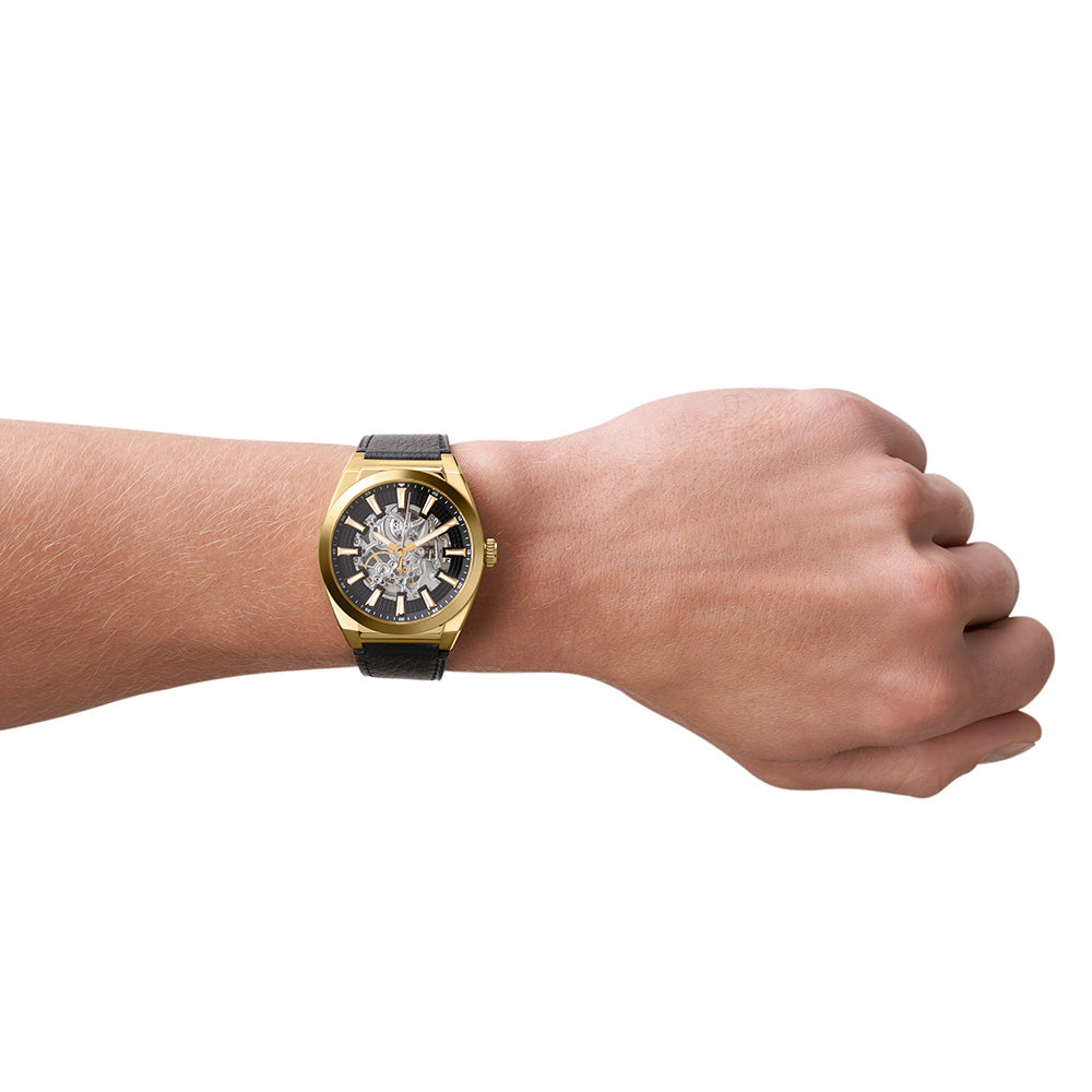 Fossil Everett ME3208 Automatic Men's Dress Watch with Gold Plated Case and Black Leather Strap