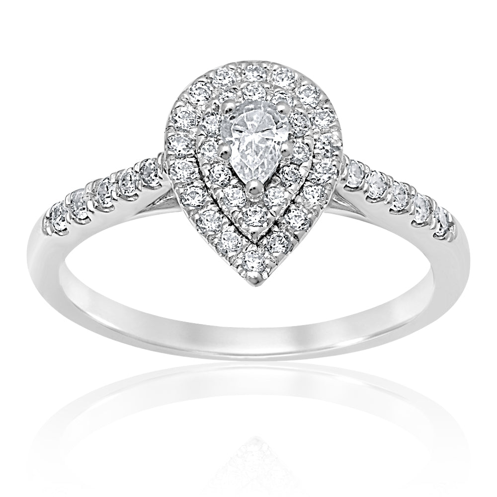 Stunning 18 - carat White Gold Engagement Ring with a 1/2 - Carat Pear - Shaped Diamond and a Sparkling Diamond Halo