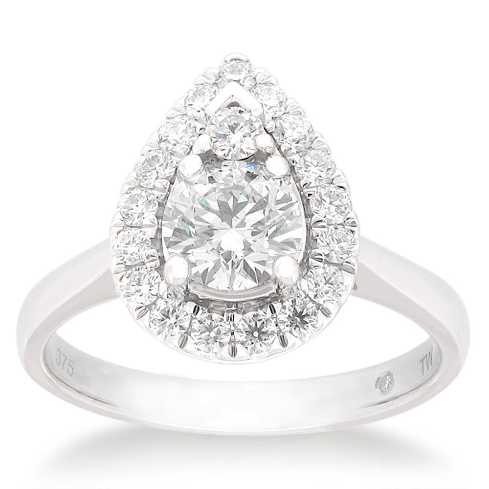 Exquisite 9ct White Gold Pear Shape Diamond Engagement Ring with a Total Weight of 1ct and Flawless Cut