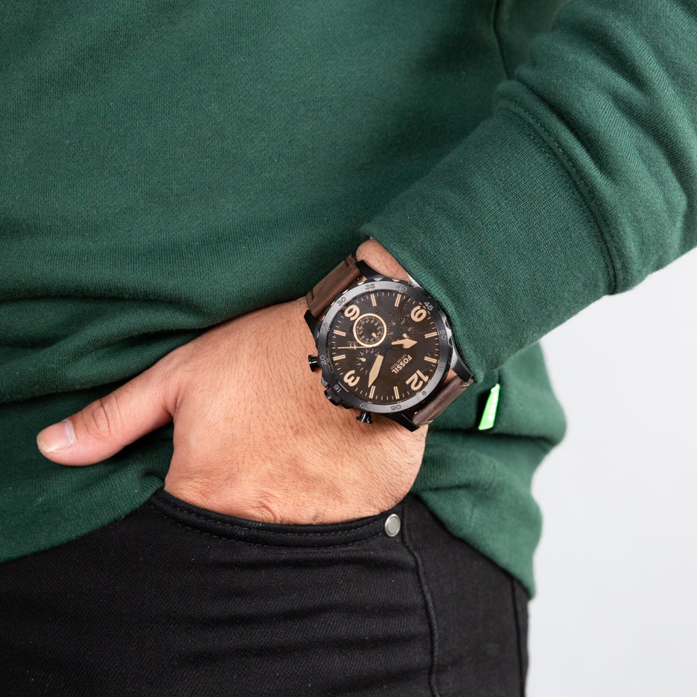 Fossil Nate JR1487 Men's Brown Leather Chronograph Watch