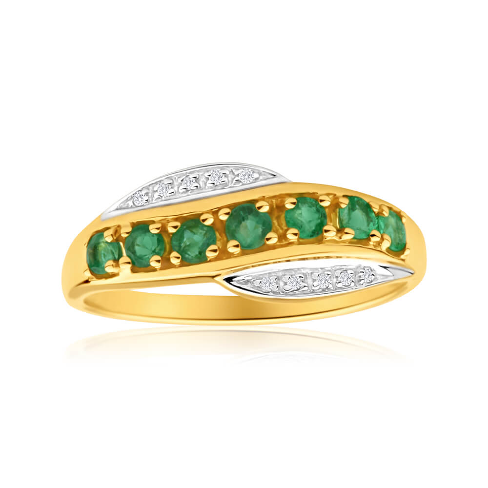 Exquisite 9ct Yellow Gold Ring with Diamonds and Emeralds