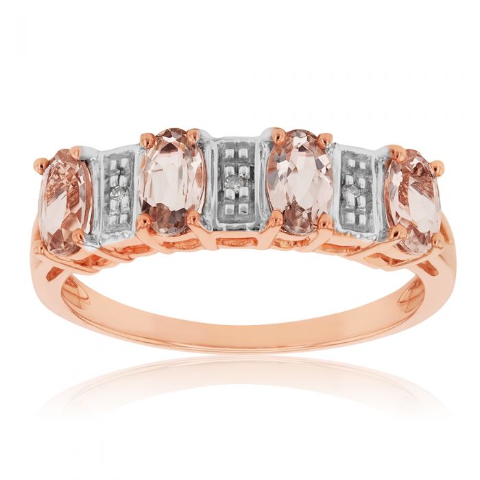 Exquisite 9 Carat Rose Gold Ring Featuring Morganite and Sparkling Diamonds