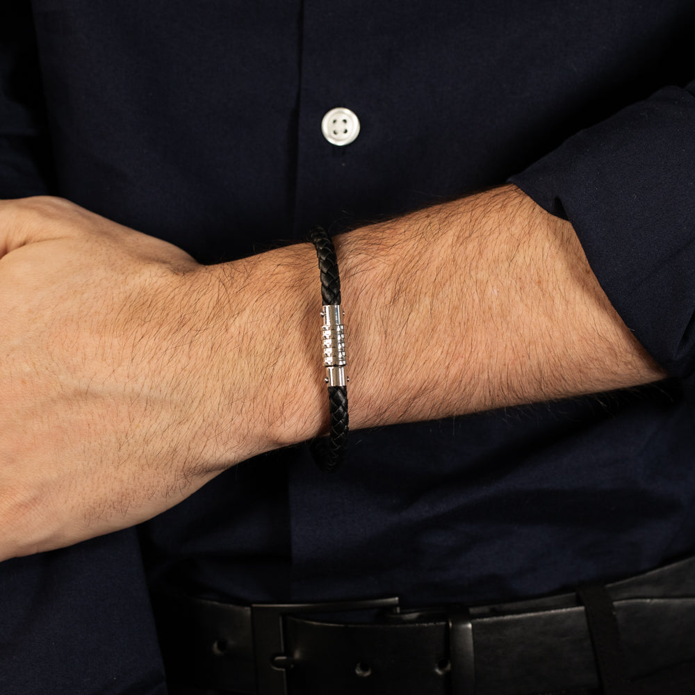 Forte Stylish Stainless Steel Bracelet with Black Leather Strap, 21.5cm