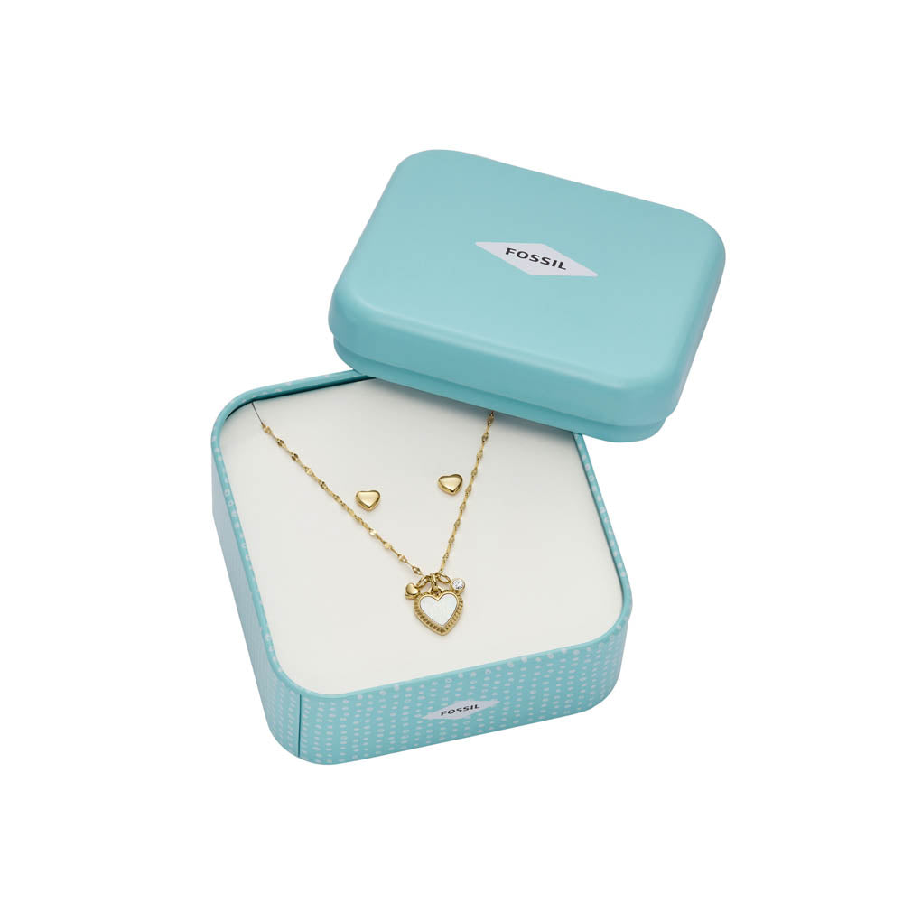 Fossil Fashionable Yellow Gold - Coated Stainless Steel Mother - of - Pearl Earring and Pendant with Chain Jewelry Set