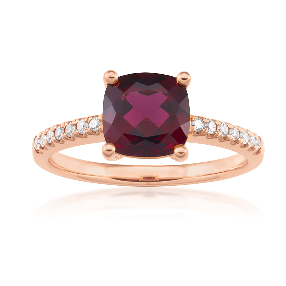 7mm Cushion Cut Rhodolite Garnet Ring in 9ct Rose Gold with 0.11ct Sparkling Diamonds