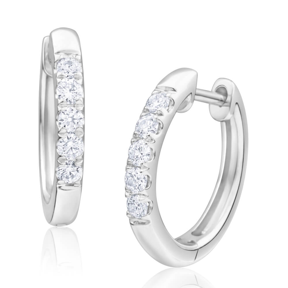 Stunning 9ct White Gold Diamond Hoop Earrings with 5 Sparkling Diamonds Each (TW=20pt)