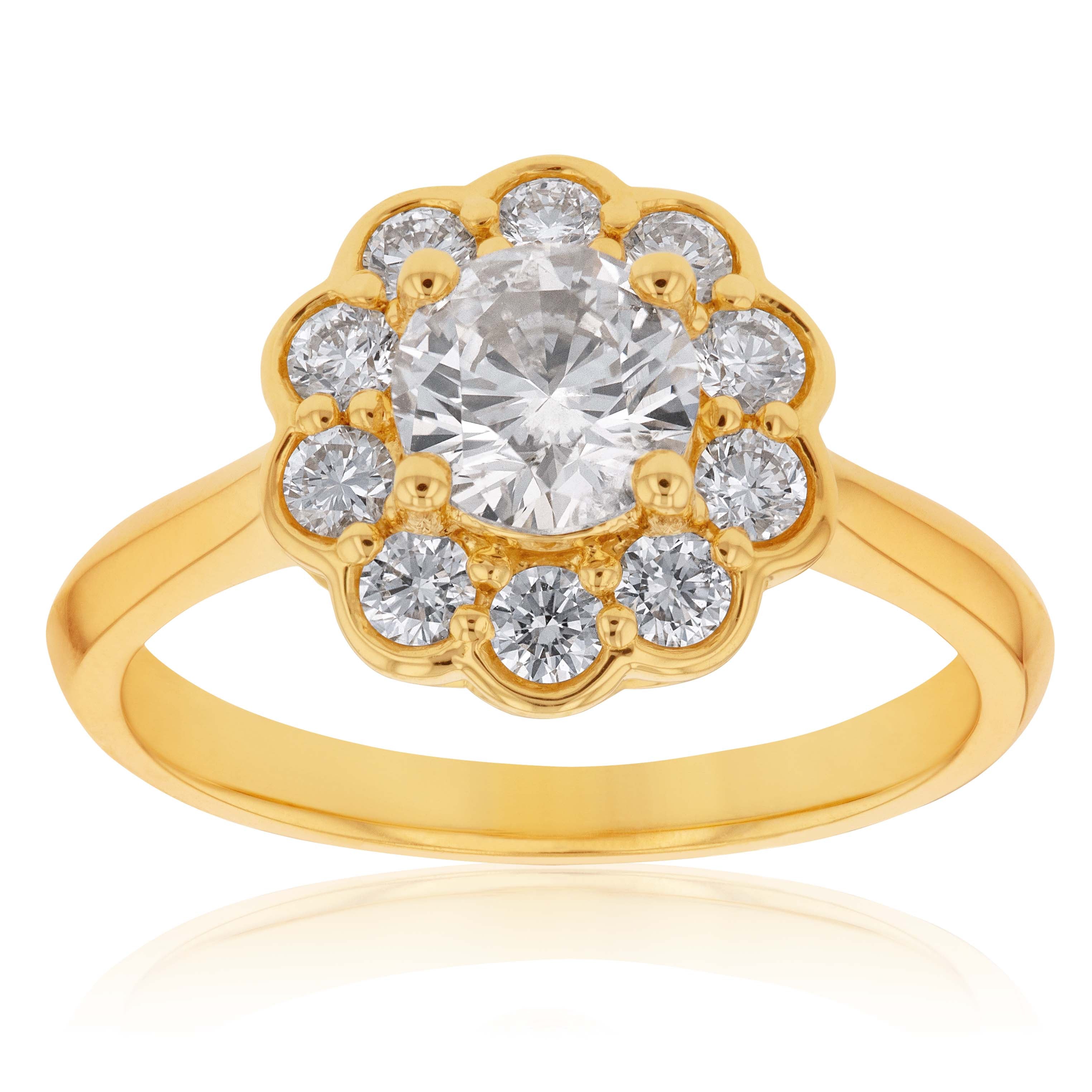 Exquisite 18 Carat Yellow Gold Diamond Flower Ring with a Total of 1.40 Carats of Sparkling Diamonds