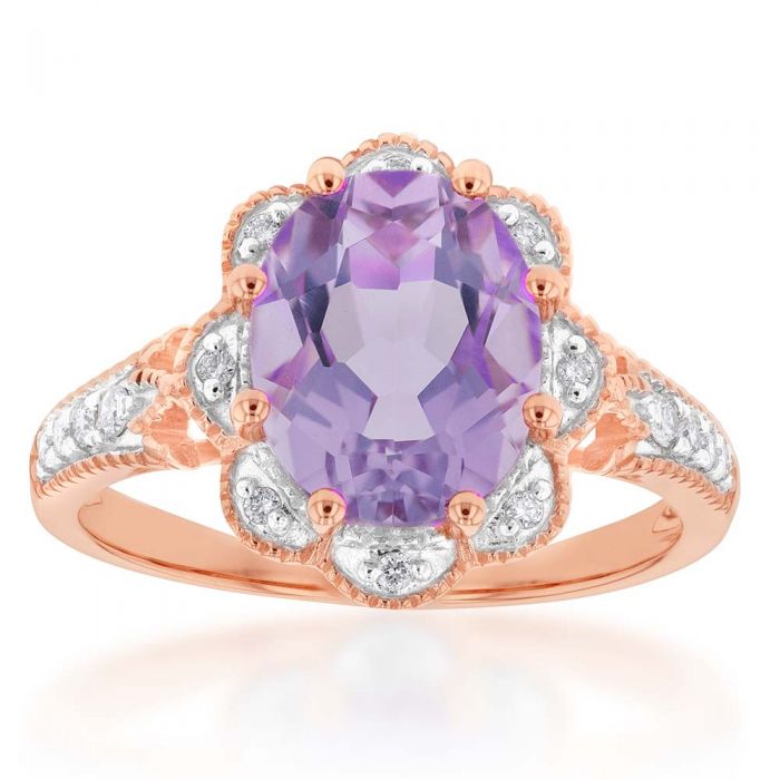 Exquisite 9 Carat Rose Gold Ring Set with 2.40 Carat Rose Amethyst and 1/10 Carat Diamonds