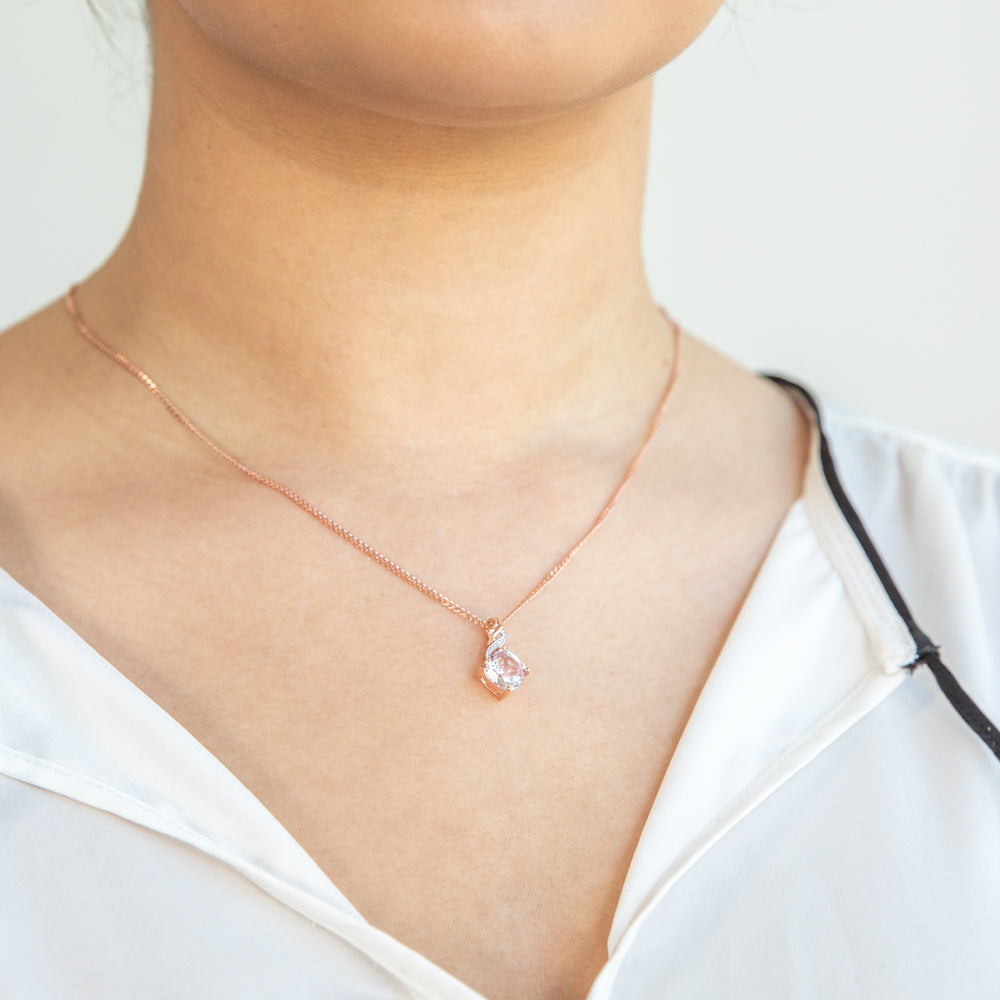 Exquisite 9 Carat Rose Gold Pendant Featuring Lab - Grown Peach Sapphire and Diamonds in Cushion Cut