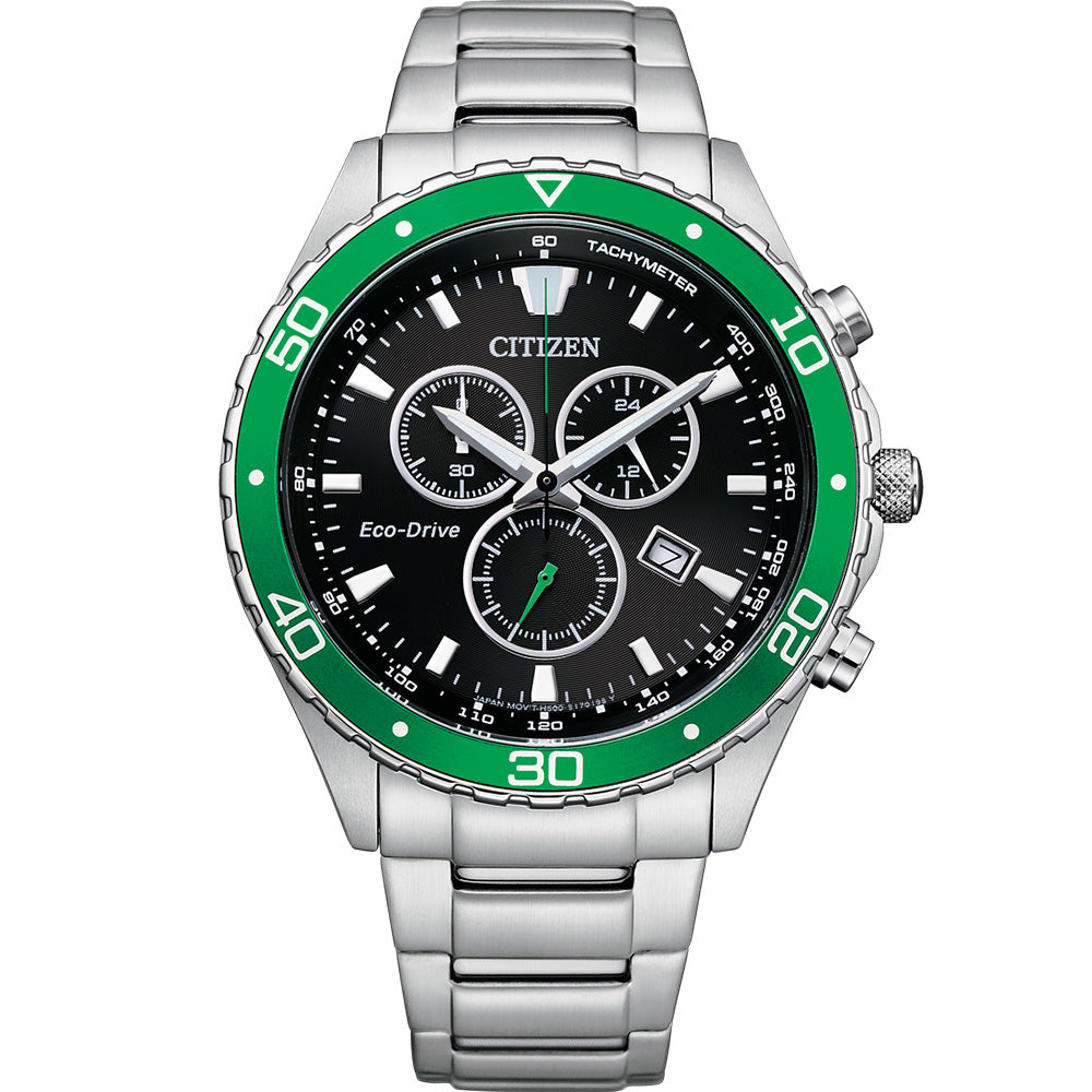 Citizen Eco - Drive AT2386 - 55E Green - Bezel Stainless Steel Chronograph Watch