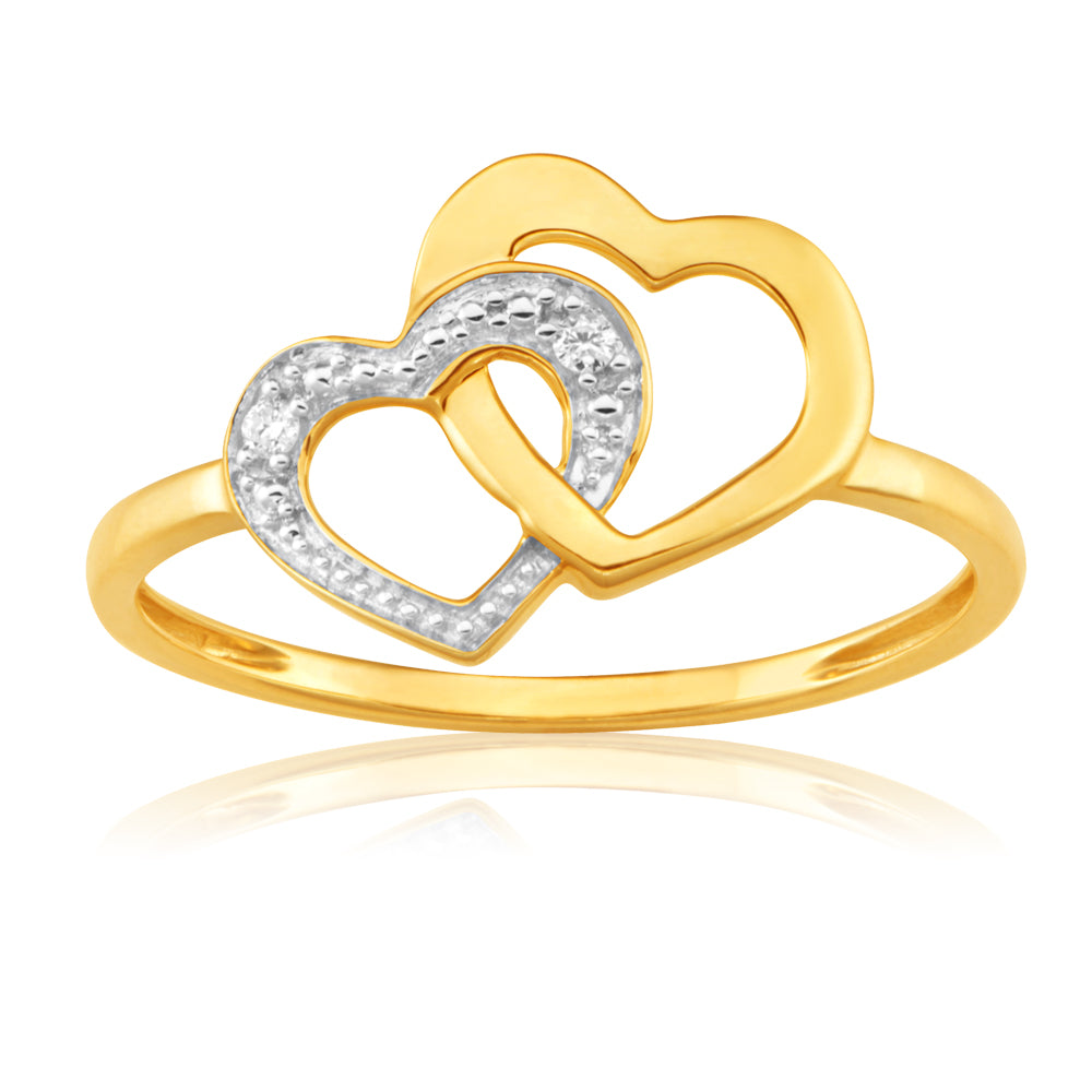 Exquisite 9ct Yellow Gold Ring with Two Sparkling Diamonds