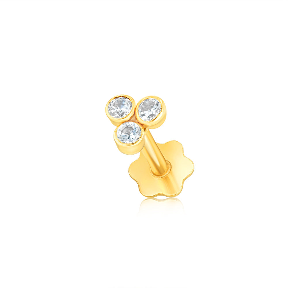 Exquisite 9ct Yellow Gold Labret Nose Stud Earring with Three Zirconia Gemstones