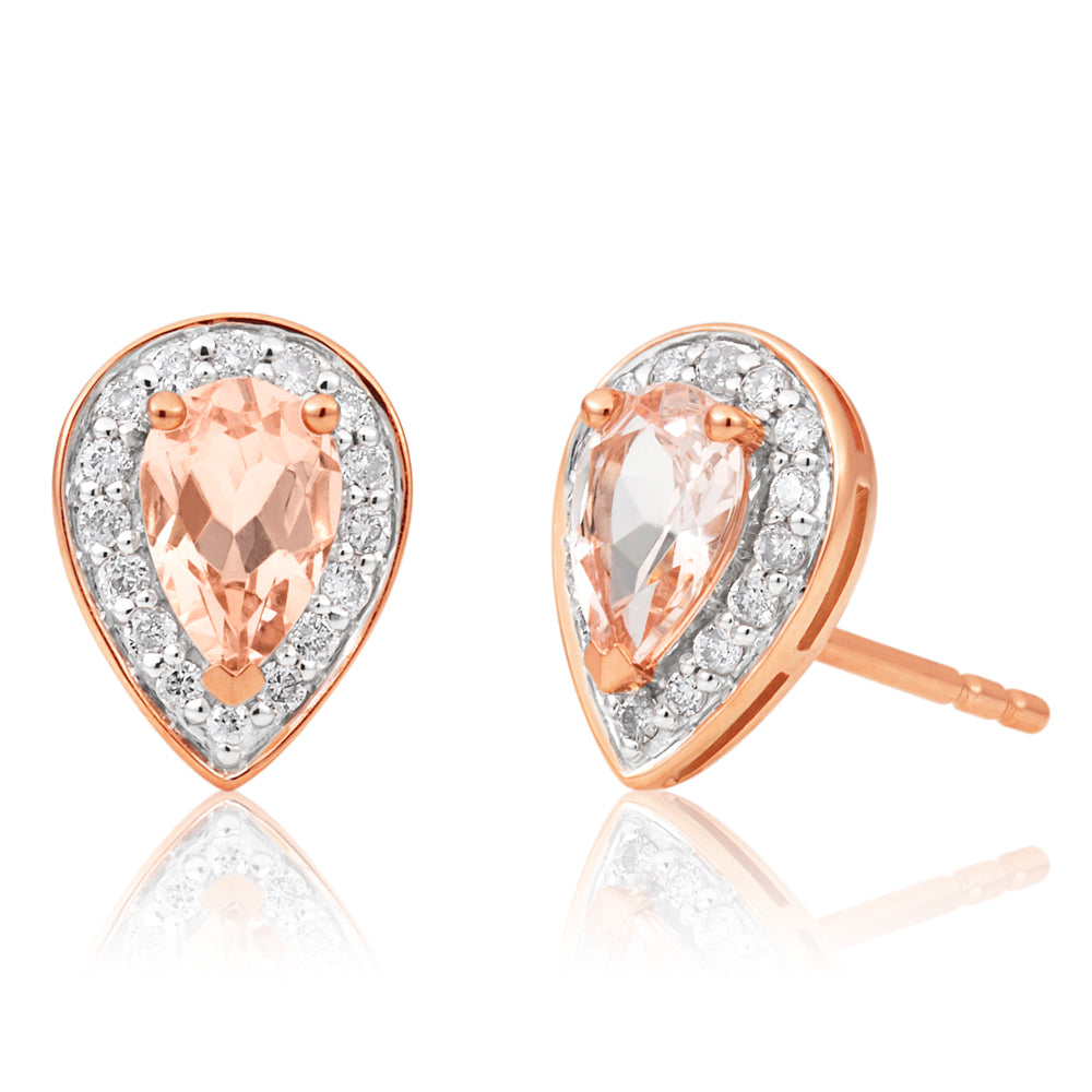 Gorgeous 9ct Rose Gold 6x4mm Pear - Shaped Morganite and 0.15ct Diamond Stud Earrings for Women's Jewelry Collection