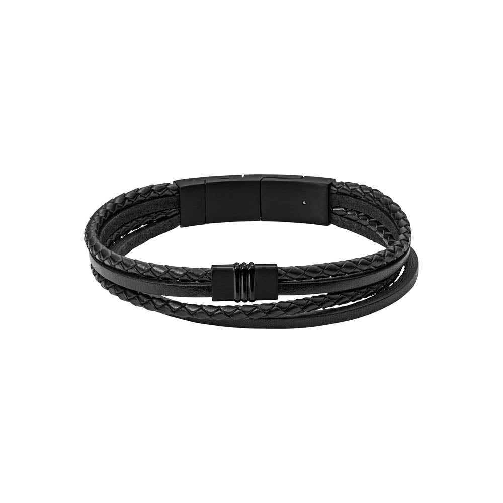 Fossil Branded Multistrand Black Leather and Stainless Steel Fashion Jewelry Bracelet