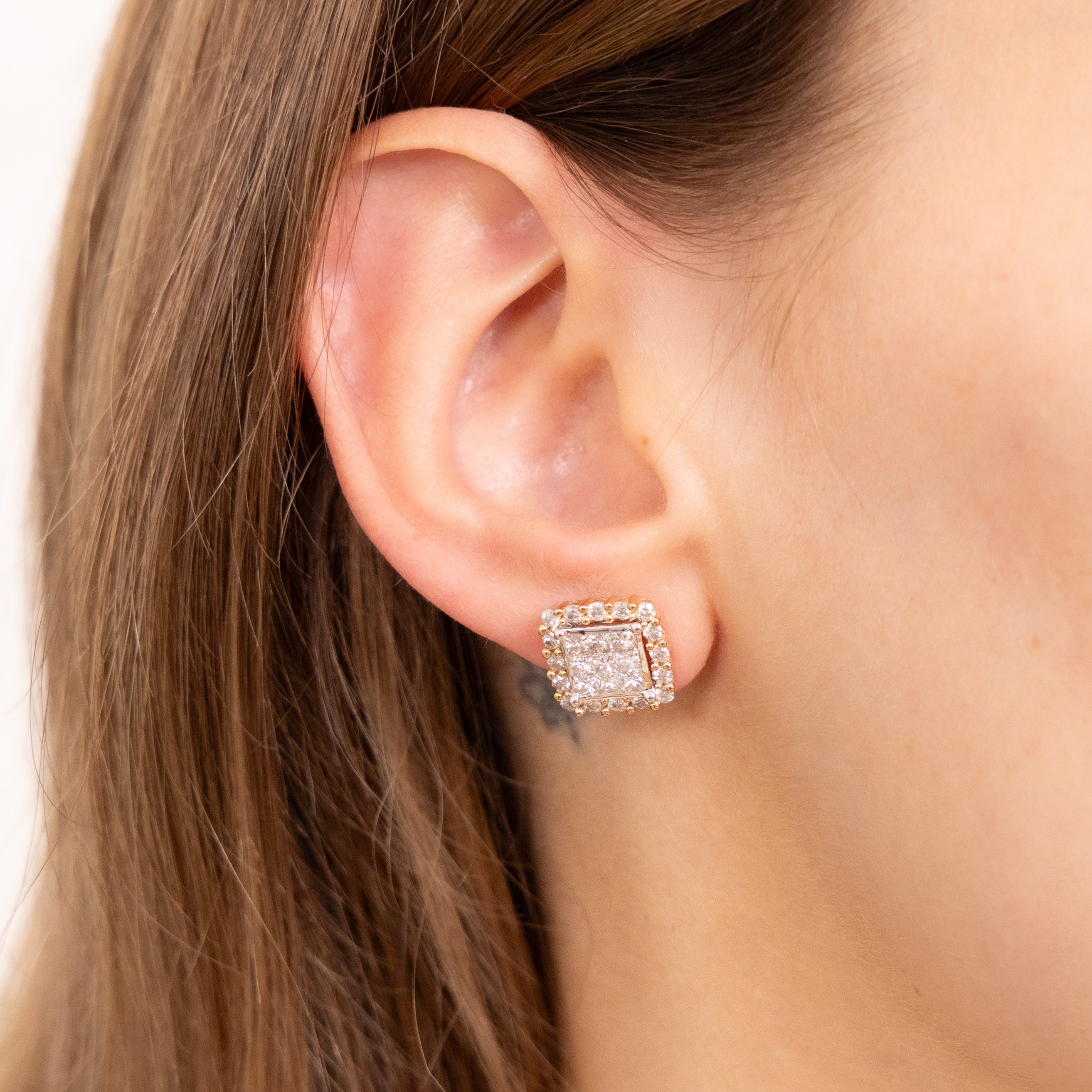 Exquisite 2 Carat Diamond Cluster Stud Earrings Crafted in 10 Carat Yellow and White Gold, Ideal Jewelry for Special Occasions