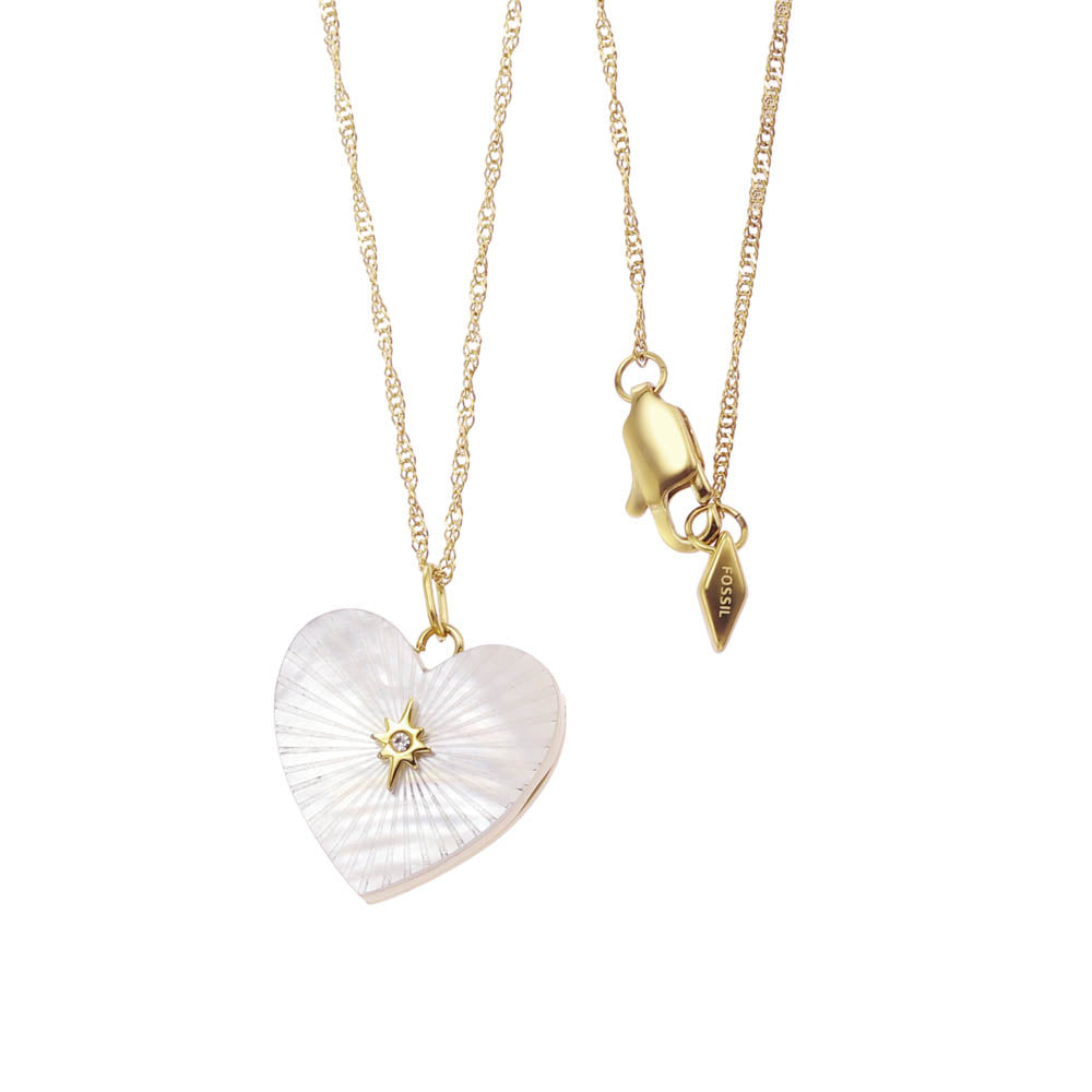 Fossil White Mother Of Pearl Heart Locket Pendant in Yellow Gold Plated Stainless Steel on Chain