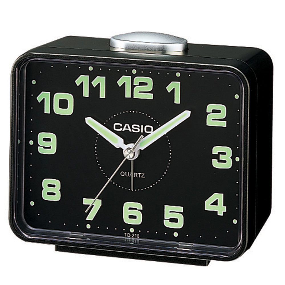 Casio TQ218-1DF Stylish Black Table Clock with Vibrant Green Markers