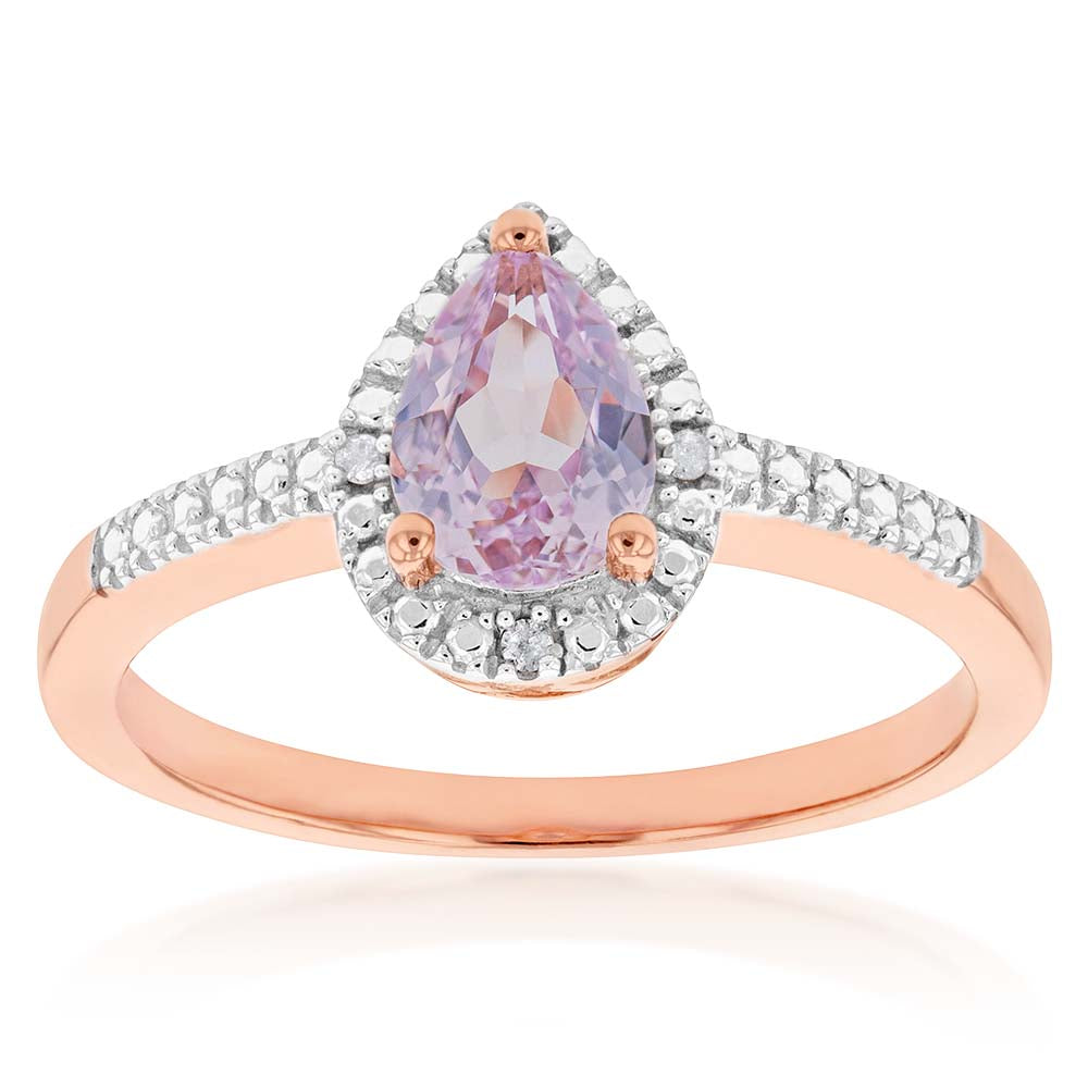 Exquisite 9ct Rose Gold Ring Featuring Created Peach Sapphire and Diamond in Pear Shape