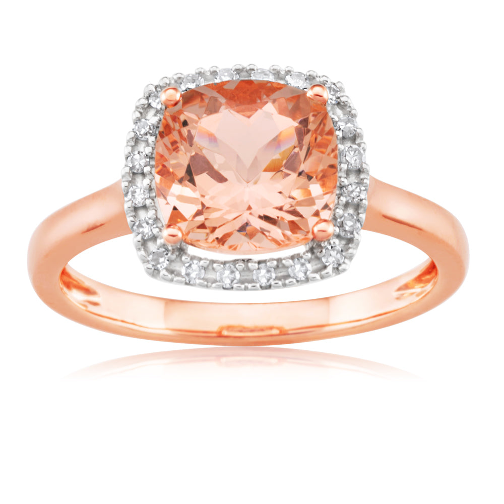 Stunning 9ct Rose Gold Ladies' Engagement Ring with 8mm 2.00 Carat Cushion Cut Morganite and 0.10 Carat Diamond Accents