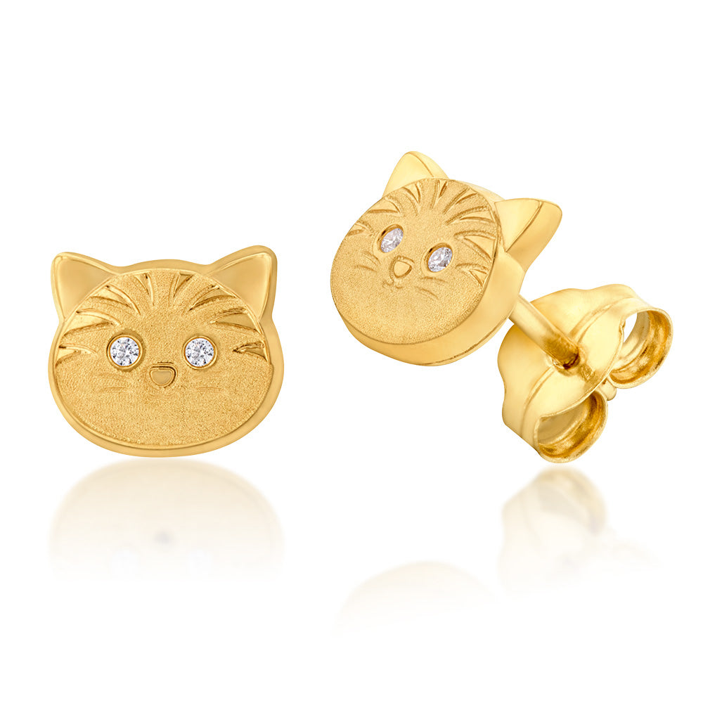 9-carat Yellow Gold Zirconia Stud Earrings in the Design of Cat Heads