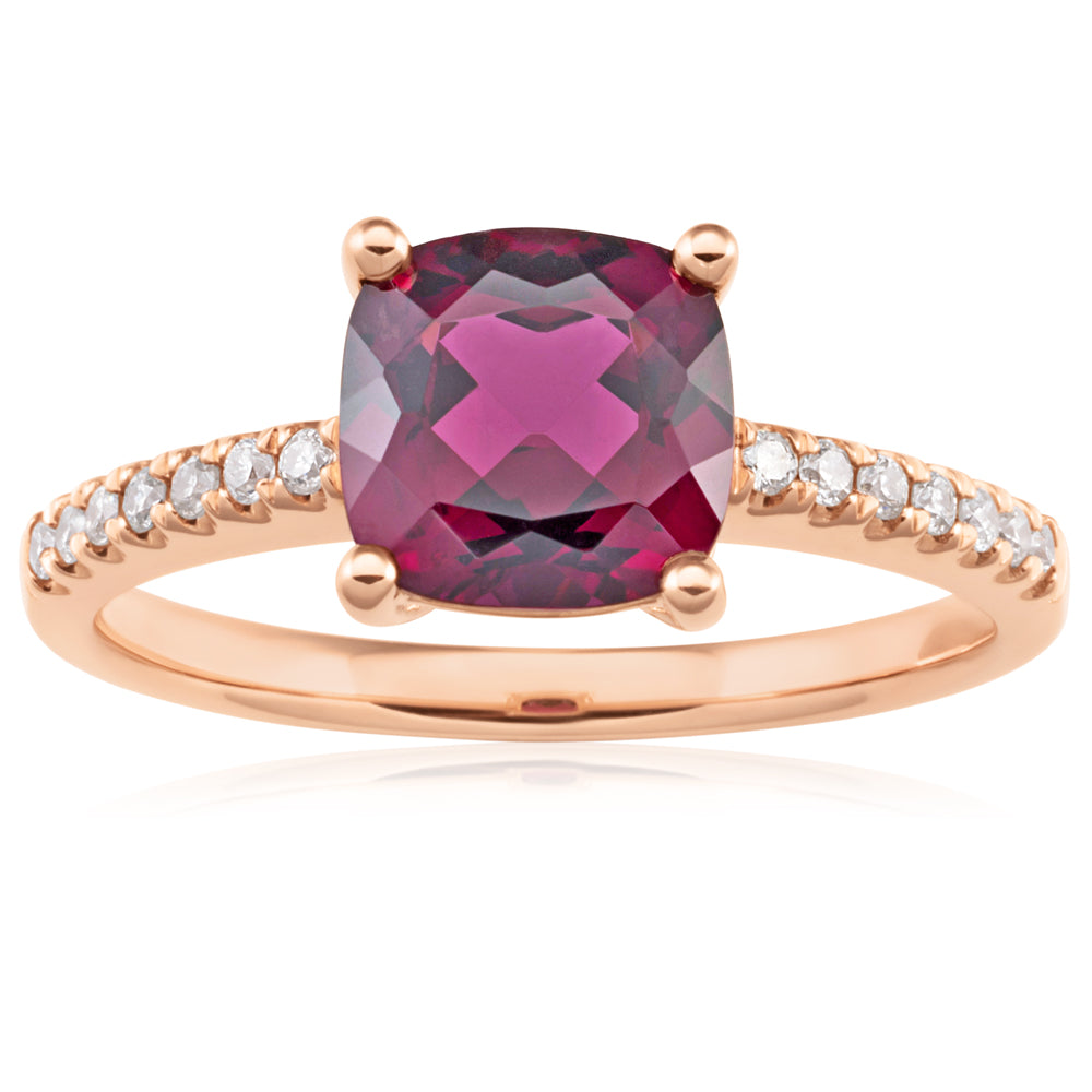 7mm Cushion Cut Rhodolite Garnet Ring in 9ct Rose Gold with 0.11ct Sparkling Diamonds