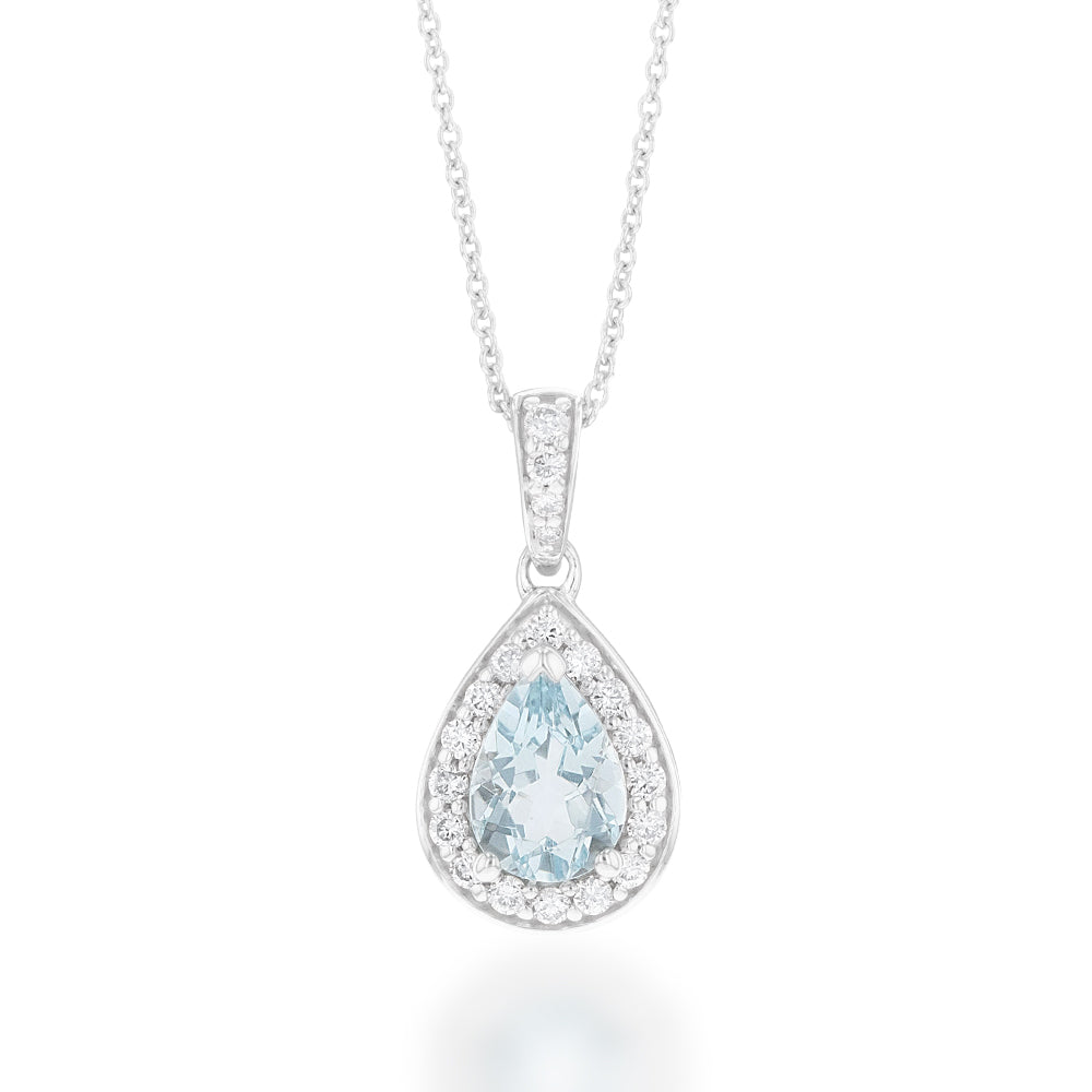 45cm Chain 9ct White Gold Pendant with 0.65ct Aquamarine and 0.15ct Diamonds in Pear Shape