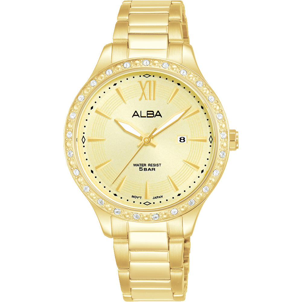 Alba Fashion AH7BX4X: Elegant Gold-Tone Quartz Watch with Crystals