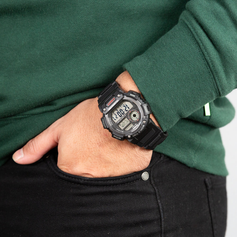 Casio AE1400WH-1A Durable World Time Digital Watch with Long Battery Life