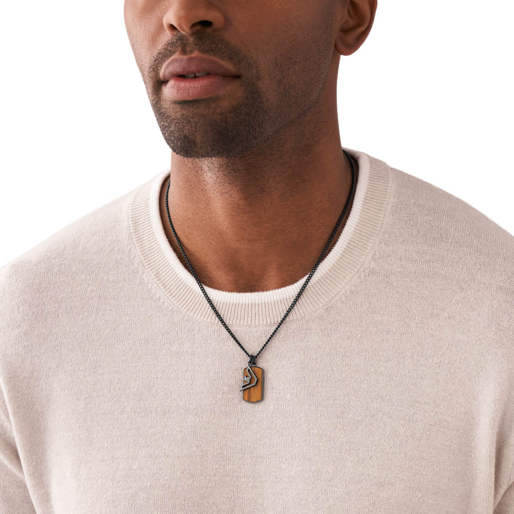 Emporio Armani Stylish Stainless Steel Pendant with Brown Tiger's Eye and Black Eagle Design on Chain