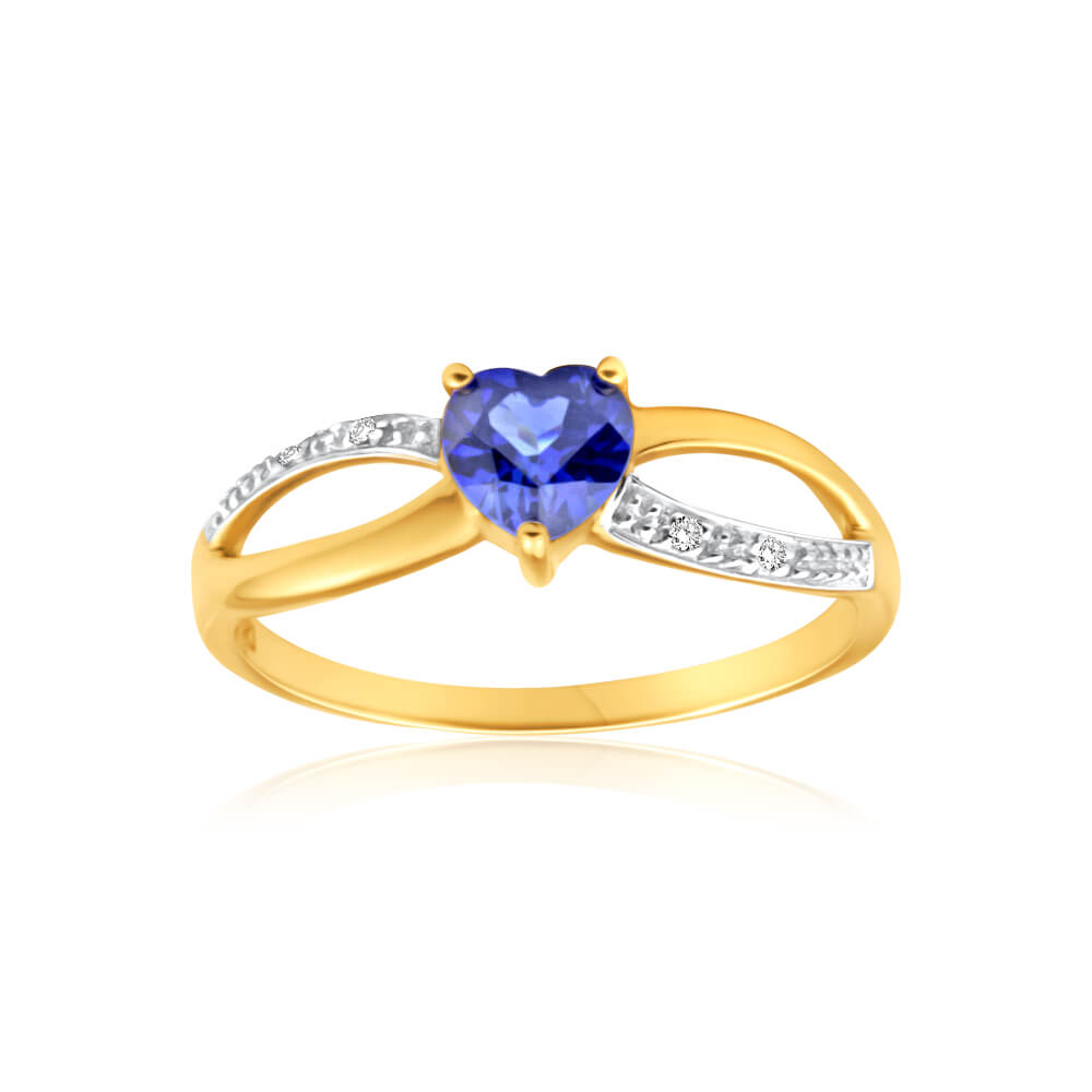 Exquisite 9ct Yellow Gold Ring with Lab - Created Sapphires and Real Diamonds