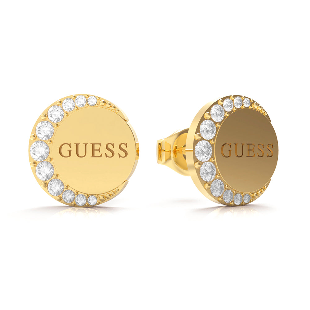 Guess Fashionable Gold Plated Stainless Steel Coin - Shaped 10mm Pave Stud Earrings for Women