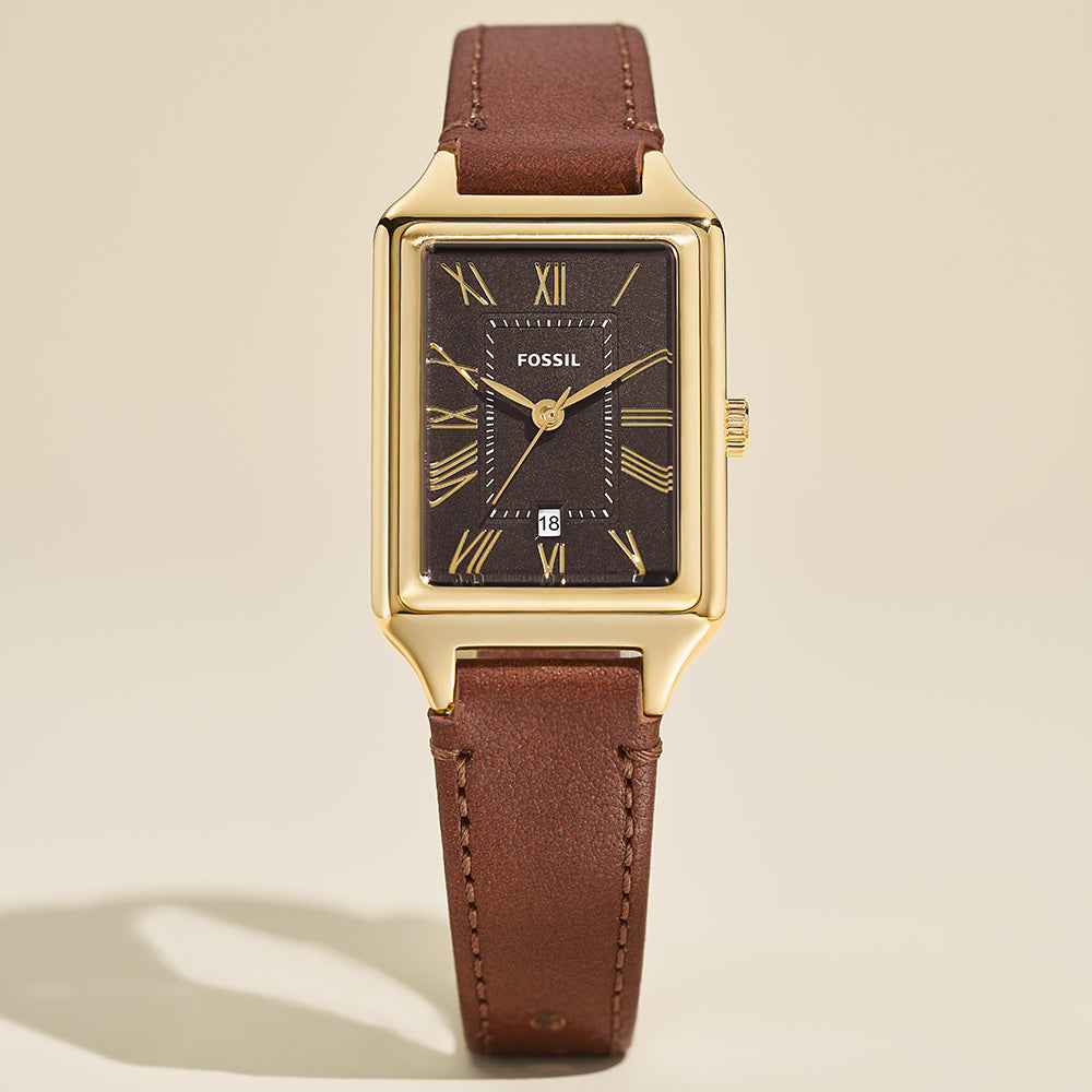 Fossil Raquel ES5303 Gold Rectangular Watch with Brown Leather Strap
