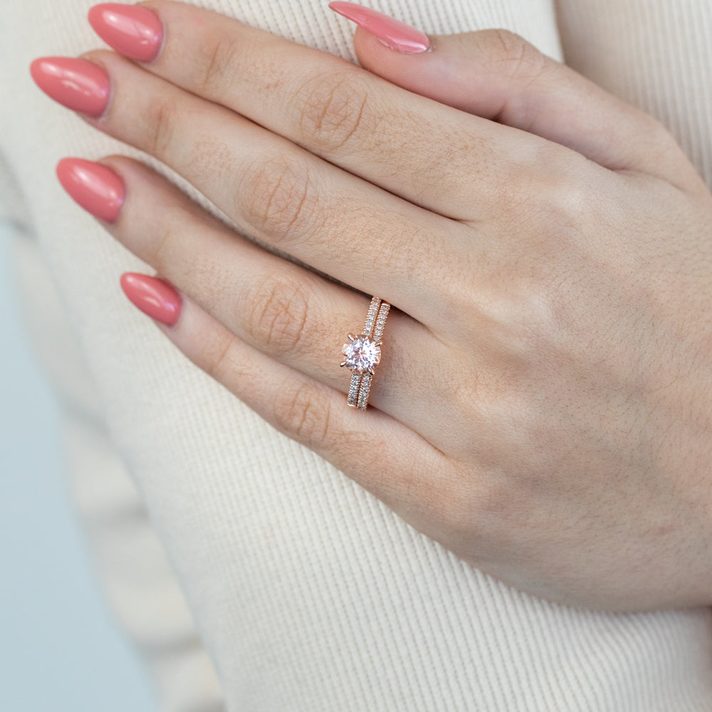 Exquisite 9 Carat Rose Gold Bridal Ring Set Featuring 1.20 Carat Round Morganite and Diamonds