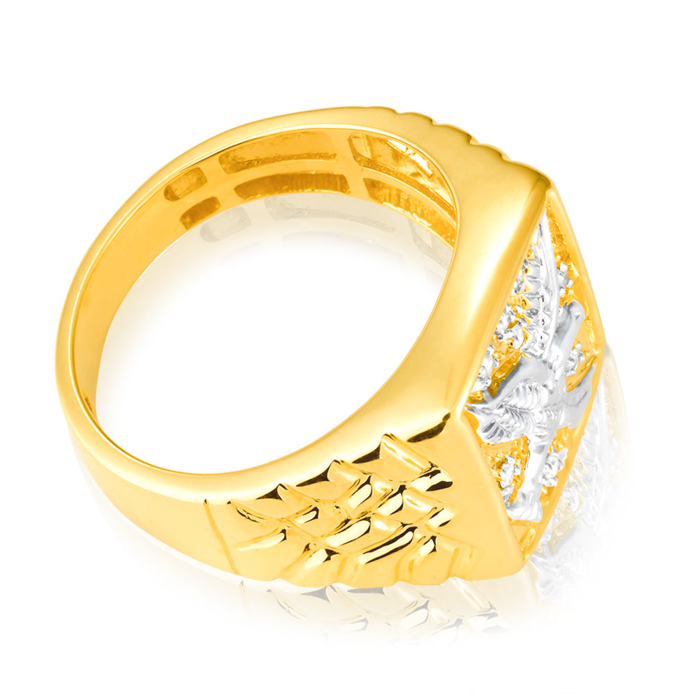 Exquisite 9ct Yellow Gold Men's Signet Ring Featuring 8 Diamonds in an Eagle Design