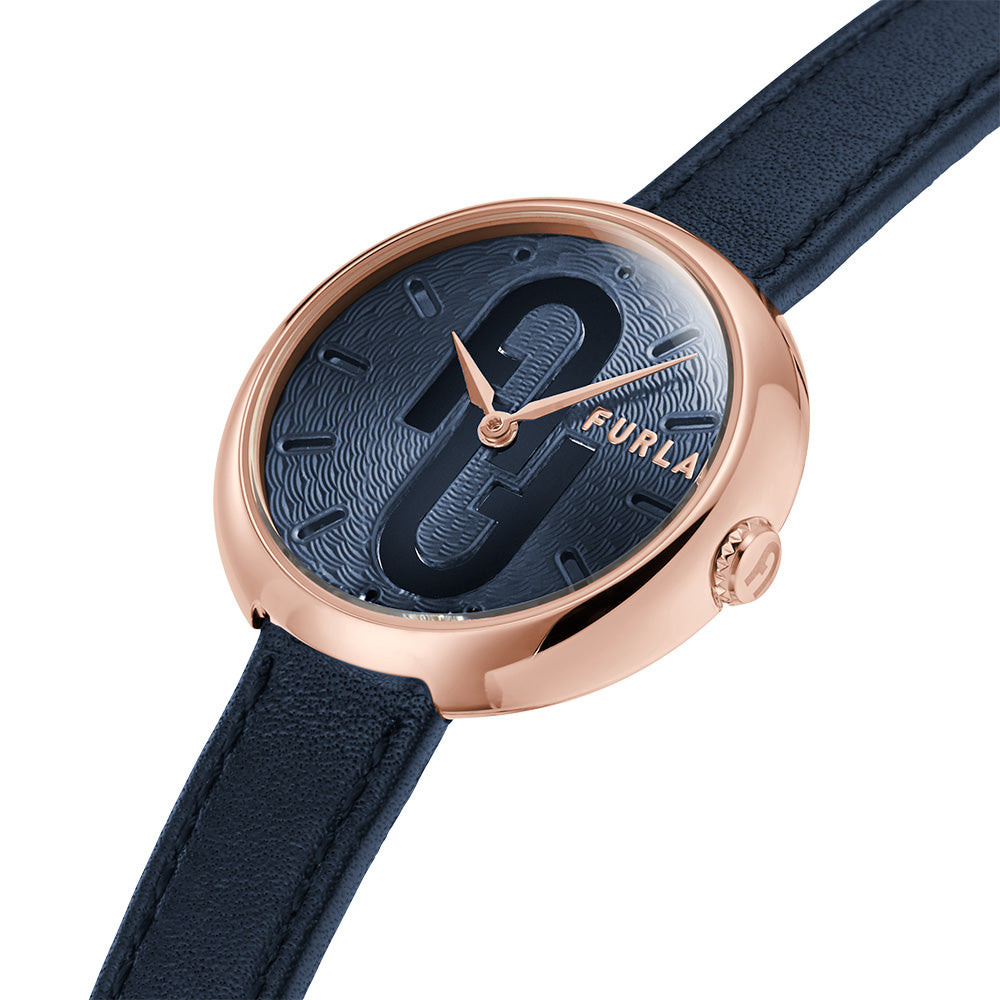 Furla Women's Cosy Oceana Blue Leather Analog Watch with Rose Gold Stainless Steel Case