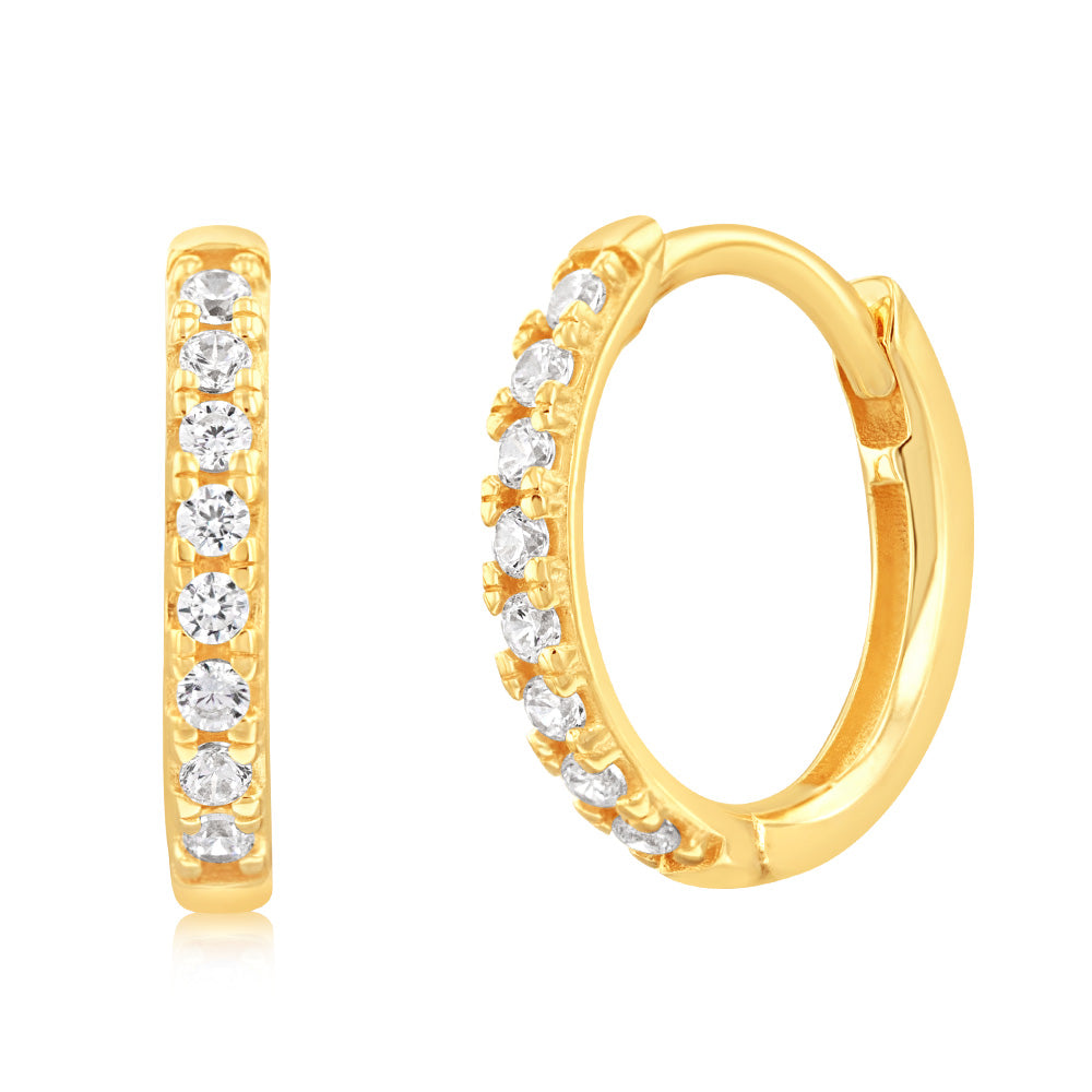 Stylish 9 Carat Yellow Gold Hoop Earrings Adorned with White Zirconia Gemstones