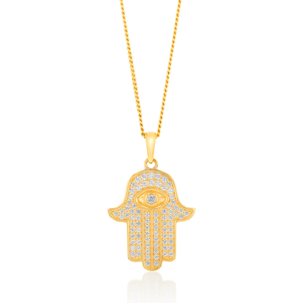 Exquisite 9 Carat Yellow Gold Zirconia-Encrusted Hamsa Hand Pendant for Women's Jewelry Collection