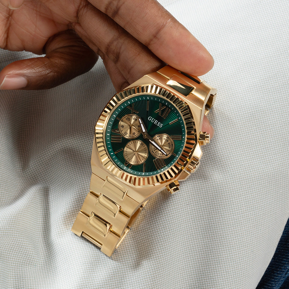 Guess Equity Men's Multi-Function Gold and Green Link GW0703G2 Wristwatch